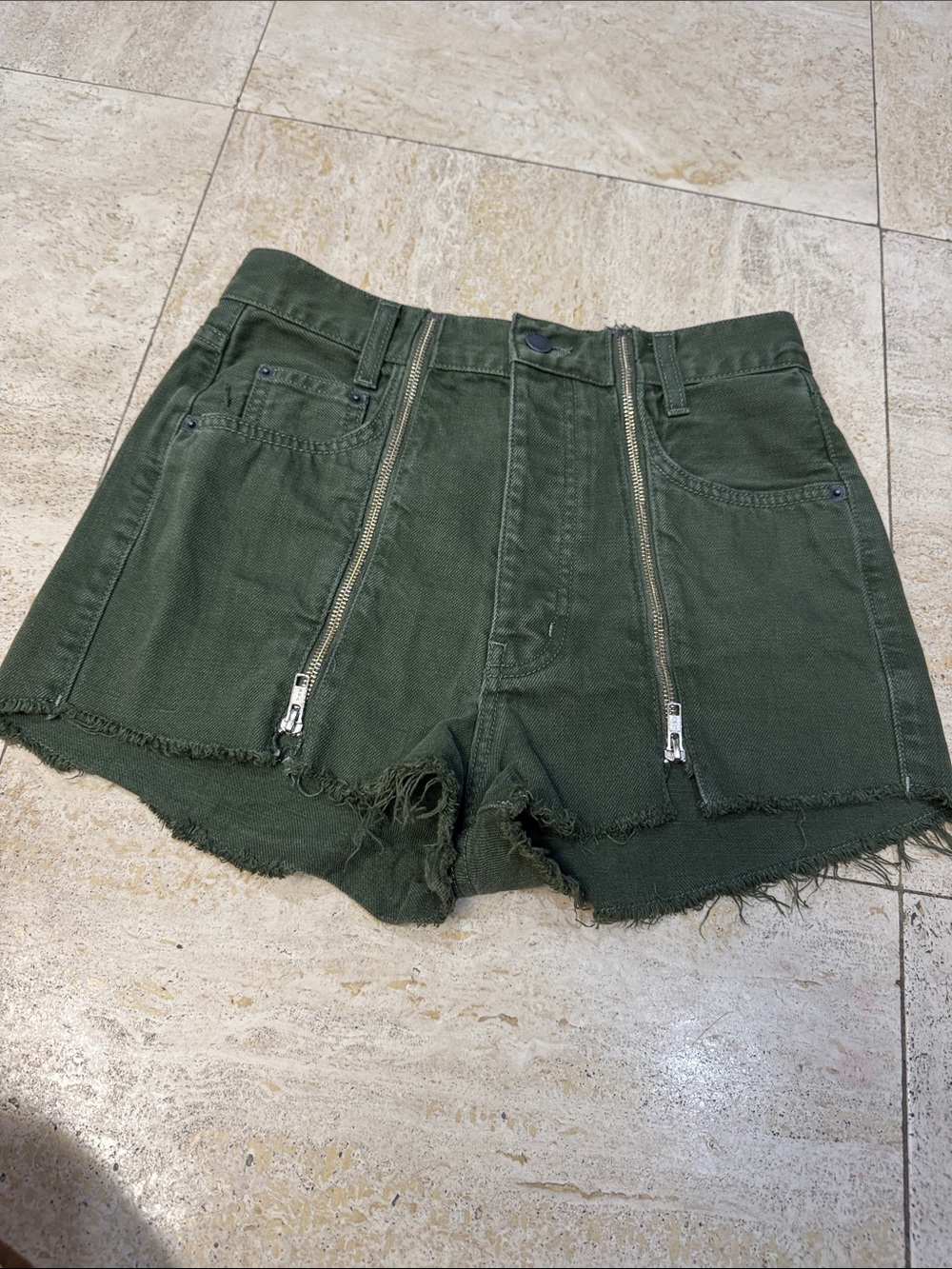 Carmar Olive Green High-Waist Frayed Denim Shorts with Dual Zippers